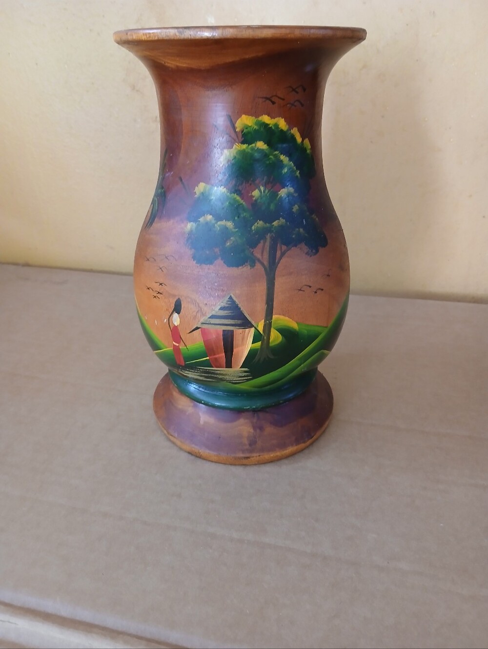 Hand-Painted Wooden Vase in Brown and Green